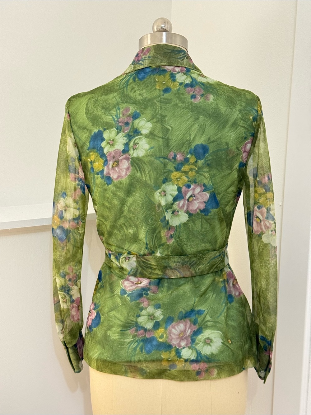 Vintage Green Floral Tie-Waist Button-Up Blouse Pointy Collar - Picture 2 of 10